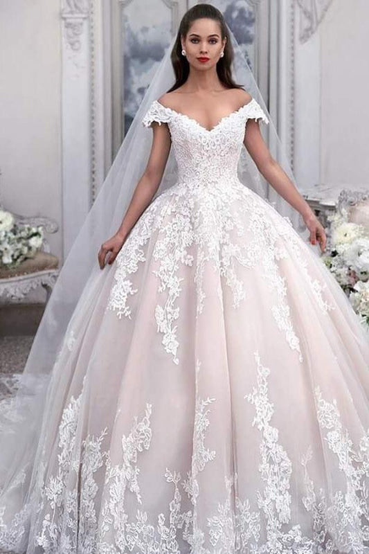 women's light pink off the shoulder dress royal wedding Ball Gown Tulle A-Line -Bridelily Civil Wedding Offwhite Filipiniana This pink and white cf-vendor-house-of-cb Color:Beige Floral