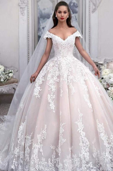 Light Pink Off Shoulder Ball Gown Wedding Dress Tulle A-Line -Bridelily Light Pink Off Shoulder Ball Gown Wedding Dress Tulle A-Line -Bridelily