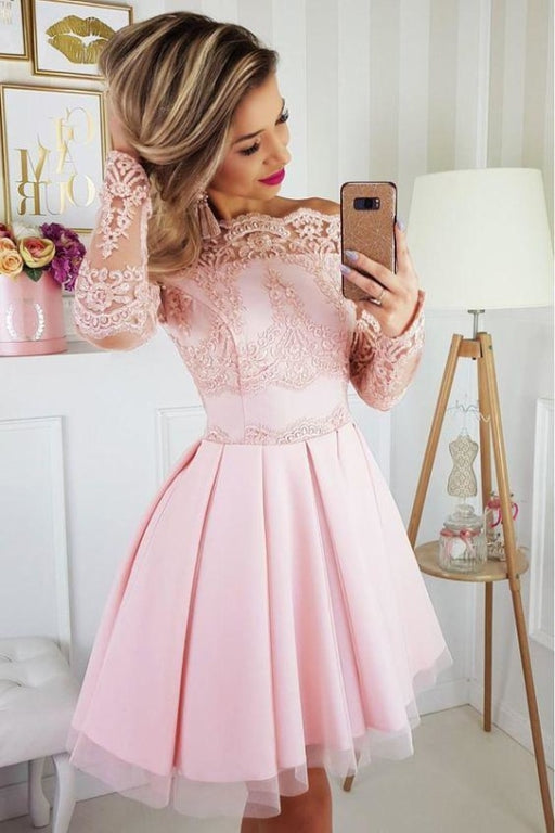 Light Pink Off the Shoulder Long Sleeves Short Homecoming Dress with Lace Appliques - Prom Dresses