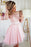 Light Pink Off the Shoulder Long Sleeves Short Homecoming Dress with Lace Appliques - Prom Dresses