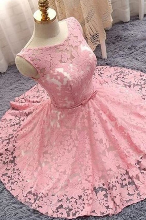 Light Plum Sleeveless Bateau Lace Homecoming with Bowknot Belt Short Grad Dress - Prom Dresses