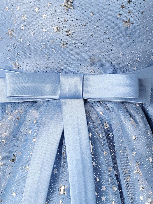 Flower Girl Dresses Light Sky Blue Jewel Neck Half Sleeves Sequins Formal Kids Pageant Dresses