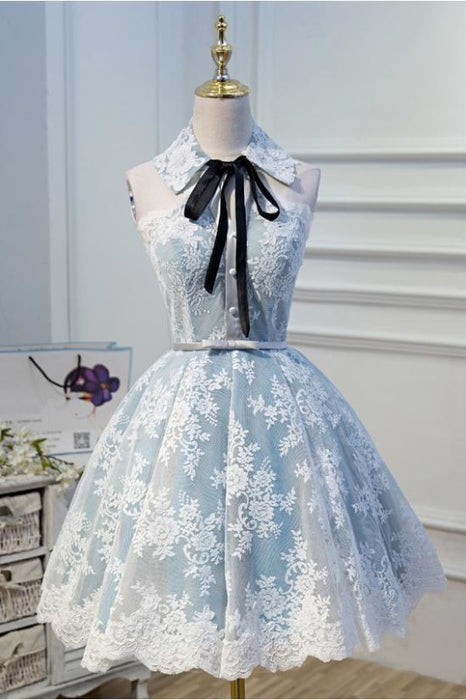 Light Sky Blue Halter Homecoming with Lace Appliques Cute Short Formal Dress - Prom Dresses