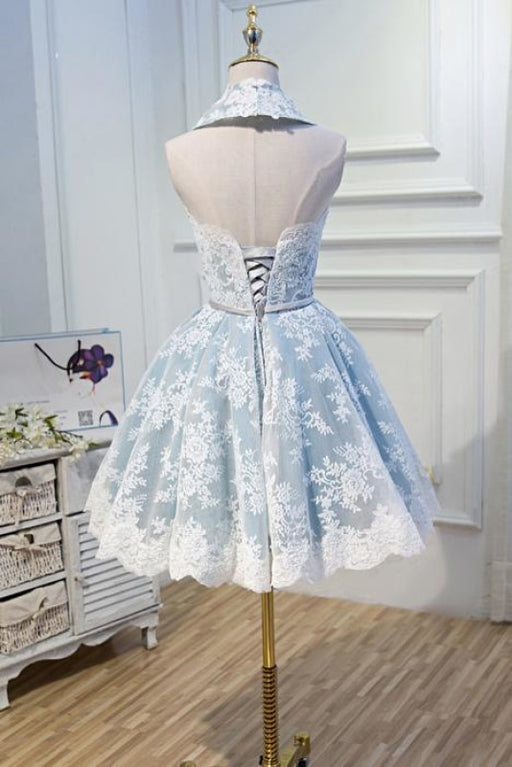 Light Sky Blue Halter Homecoming with Lace Appliques Cute Short Formal Dress - Prom Dresses
