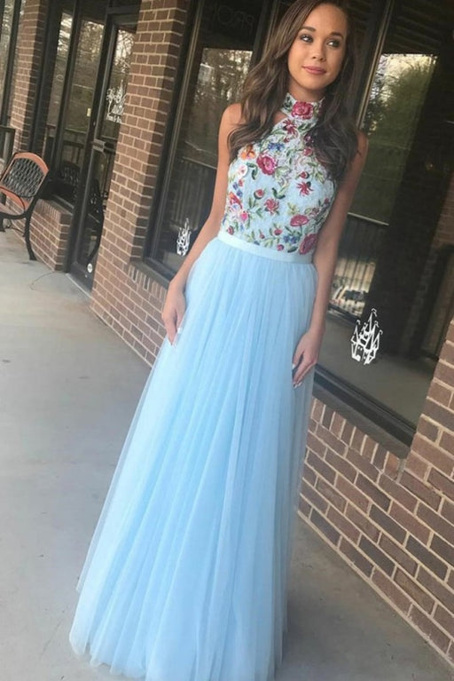 Light Sky Blue High Neck Tulle Prom with Embroidery Floor Length Evening Dress - Prom Dresses