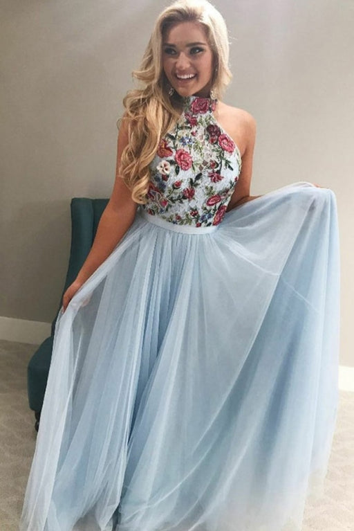 Light Sky Blue High Neck Tulle Prom with Embroidery Floor Length Evening Dress - Prom Dresses
