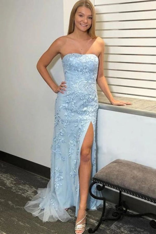 Light Sky Blue Mermaid Strapless Split Prom Dress With Lace Appliques - Prom Dresses