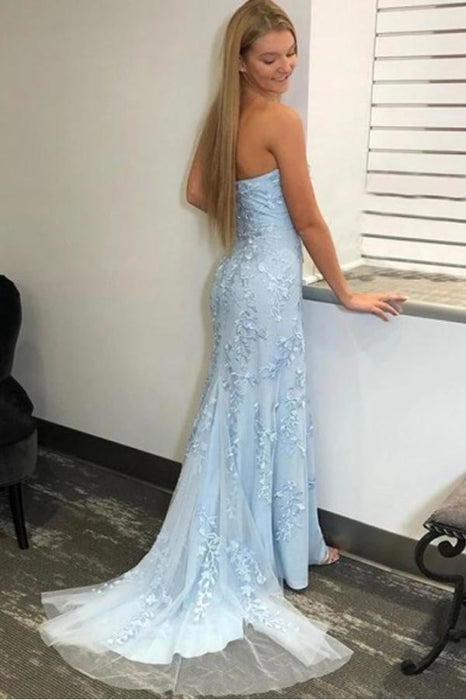 Light Sky Blue Mermaid Strapless Split Prom Dress With Lace Appliques - Prom Dresses