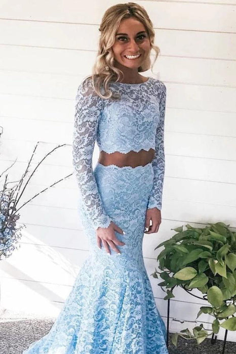 Light Sky Blue Sleeves Mermaid Two Piece Prom Dresses Lace Evening Dress - Prom Dresses