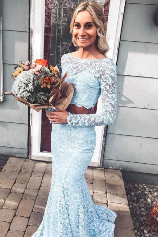 Light Sky Blue Sleeves Mermaid Two Piece Prom Dresses Long Lace Evening Dress - Prom Dresses