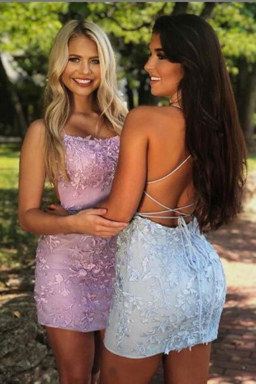Light Sky Blue Spaghetti Straps Sheath Lace Appliques Short Homecoming Dresses - Prom Dresses