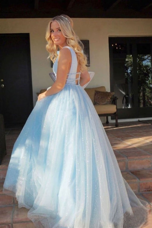 Light Sky Blue Sparkly Prom Charming Sleeveless V Neck Formal Dress - Prom Dresses