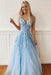 Light Sky Blue Straps V Neck Prom Dress with Lace Backless Long Formal Dresses - Prom Dresses