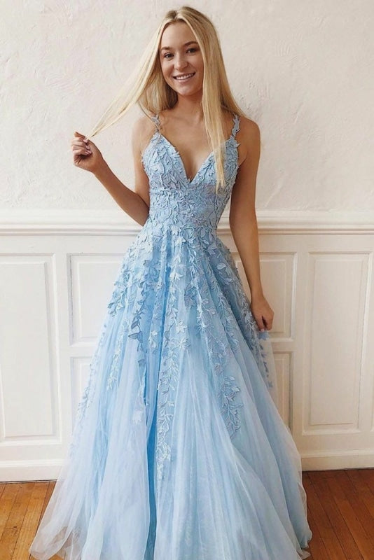 Light Sky Blue Straps V Neck Prom Dress with Lace Backless Long Formal Dresses - Prom Dresses