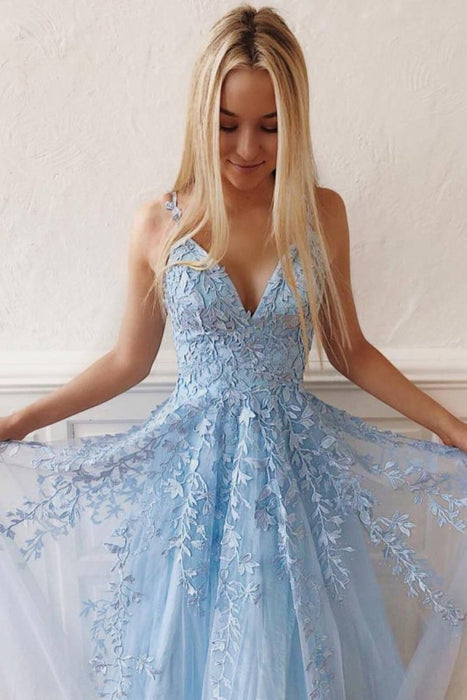 Light Sky Blue Straps V Neck Prom Dress with Lace Backless Long Formal Dresses - Prom Dresses