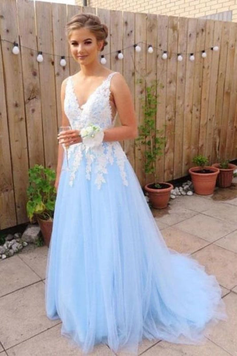 Light Sky Blue V Neck Two Piece Long Prom Dresses Cheap Bridelily