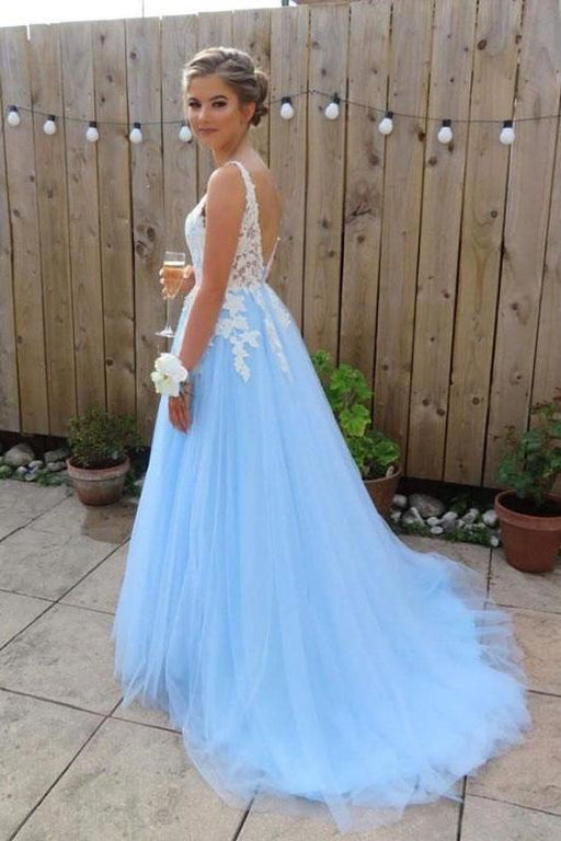 Light Sky Blue V Neck Long Tulle Prom Dress with Ivory Lace Appliques Evening Gown - Prom Dresses
