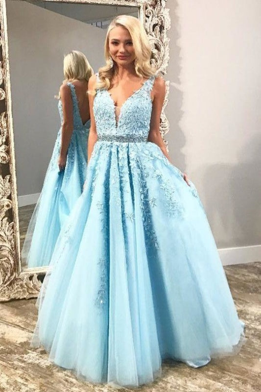 Light Sky Blue V Neck Tulle Prom Lace Appliques Long Formal Dress with Beads - Prom Dresses