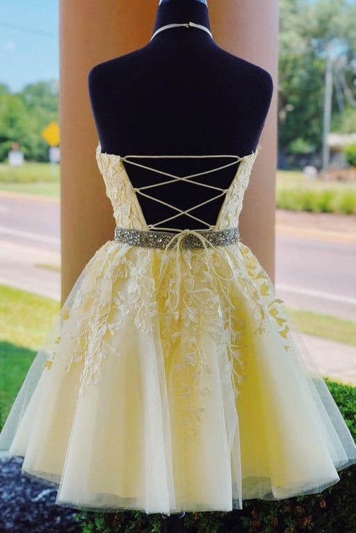 Light Yellow Halter Homecoming Lace Appliques A Line Graduation Dress with Beads - Prom Dresses