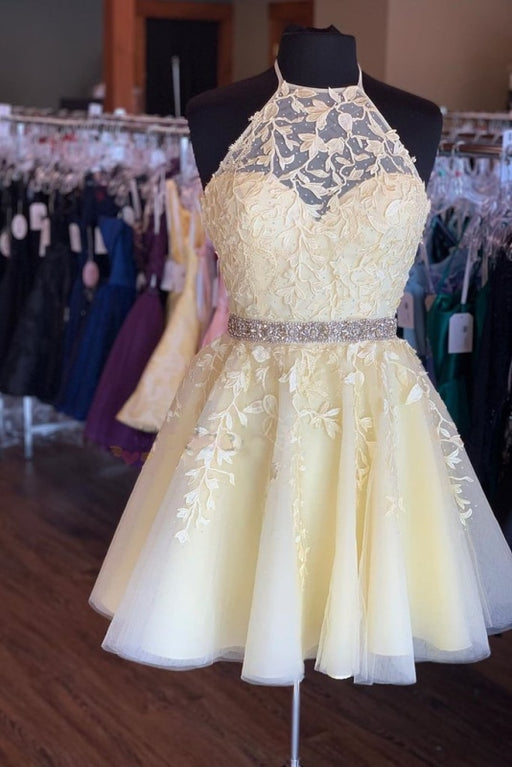 Light Yellow Halter Homecoming Lace Appliques A Line Graduation Dress with Beads - Prom Dresses