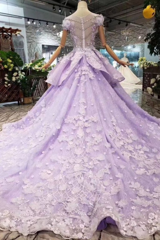 Lilac Ball Gown Short Sleeve Prom Dresses with Long Train Gorgeous Quinceanera Dress - Prom Dresses