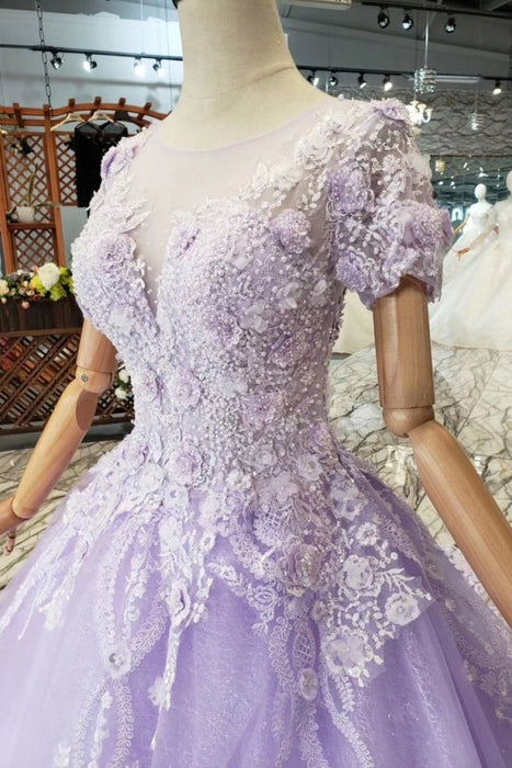 Lilac Ball Gown Short Sleeves Prom Dresses with Sheer Neck Gorgeous Quinceanera Dress - Prom Dresses