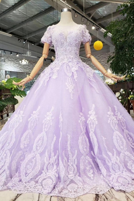 Lilac Ball Gown Short Sleeves Prom Dresses with Sheer Neck Gorgeous Quinceanera Dress - Prom Dresses