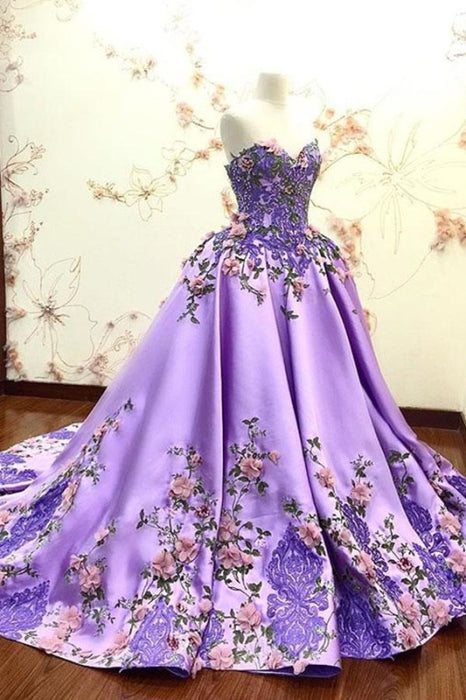 Lilac Ball Gown Sweetheart Prom Gorgeous Party Dress with Lace Appliques - Prom Dresses
