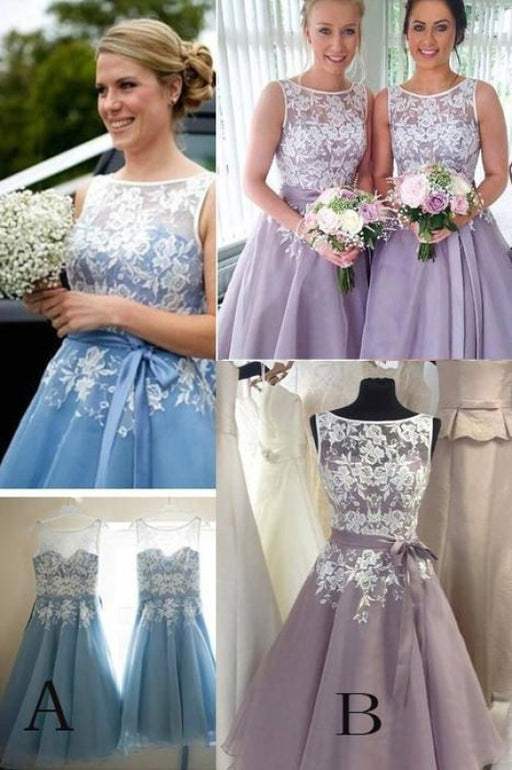 Lilac Lace Appliqued Sleeveless Bridesmaid Mini With Belt Short Prom Dress - Prom Dresses