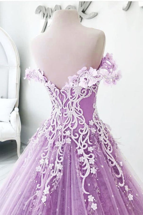 Lilac Off the Shoulder Gorgeous Long Prom Charming Formal Dress with Flowers - Prom Dresses
