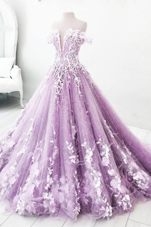 Lilac Off the Shoulder Gorgeous Long Prom Charming Formal Dress with Flowers - Prom Dresses