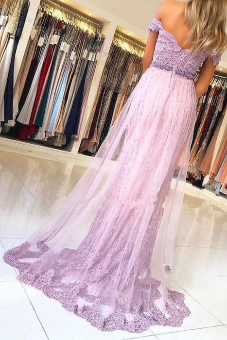 Lilac Off the Shoulder Mermaid Prom with Appliques Charming Beaded Evening Dress - Prom Dresses