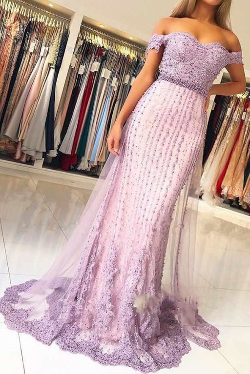 Lilac Off the Shoulder Mermaid Prom with Appliques Charming Beaded Evening Dress - Prom Dresses