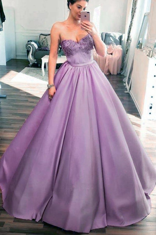 Lilac Sweetheart Ball Gown Puffy Floor Length Quinceanera Applique Prom Dress - Prom Dresses