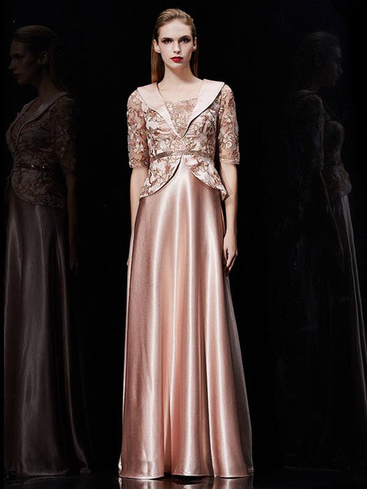 Long Evening Dress Satin Mother Dress Embroidered Beading Sash A