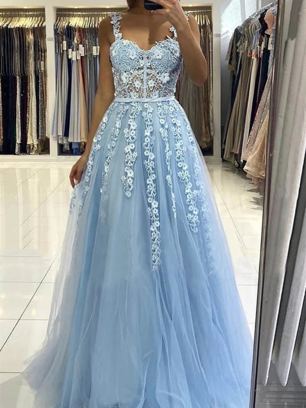 Long Light Blue Lace Floral Prom with Straps, Light Blue Lace Formal G