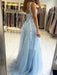 Long Light Blue Lace Floral Prom Dresses with Straps, Light Blue Lace Formal Graduation Evening Dresses