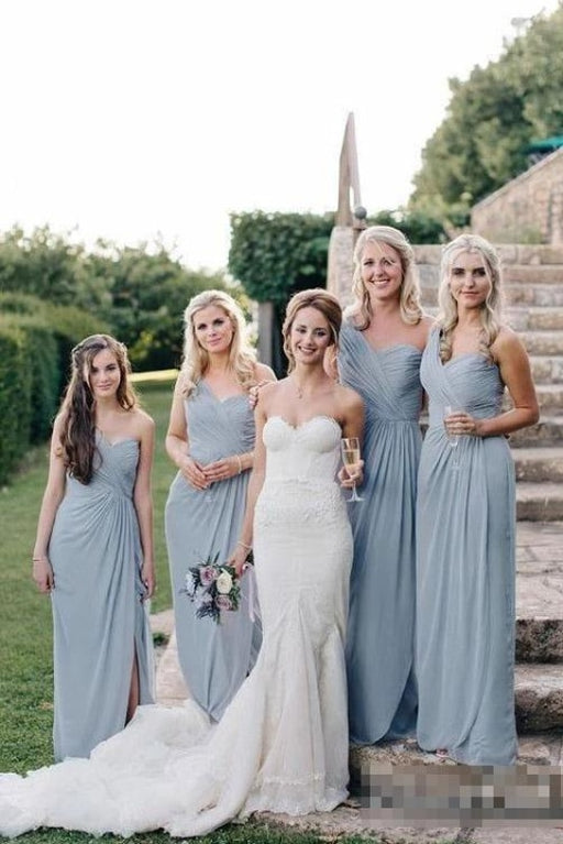 Long one Shoulder Cheap Dusty Blue Chiffon Bridesmaid Dress - Bridesmaid Dresses