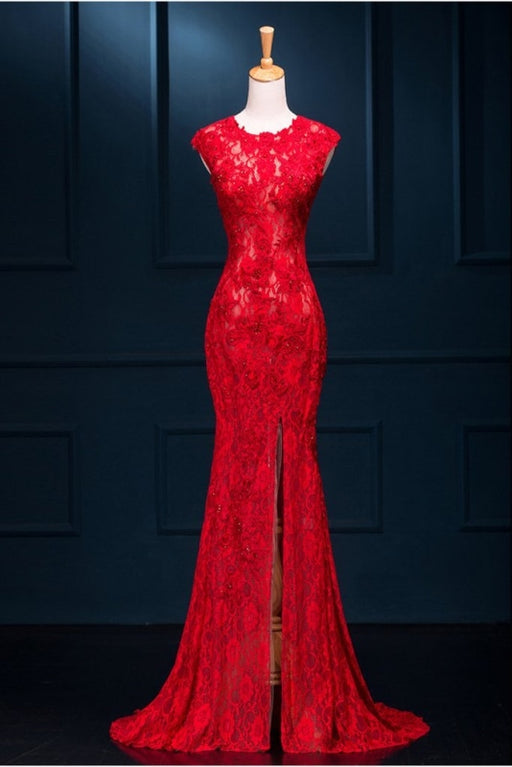 Long Pretty Red Lace Pretty Split Mermaid Prom Evening Dresses - Prom Dresses