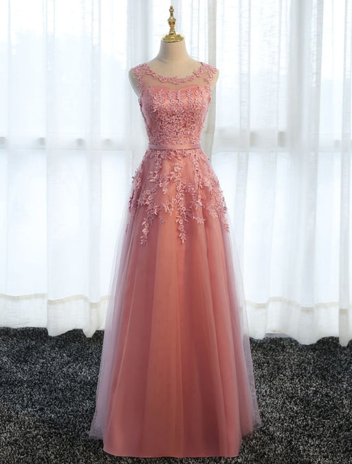Long Prom Dresses Lace Cameo Pink Party Dress A Line Applique Tulle Maxi Formal Dress