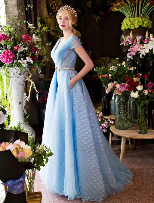 Long Prom Dresses Luxury V Neck Rhinestones Beading Cap Sleeve Pleated Lace Tulle Baby Blue Formal Evening Dresses