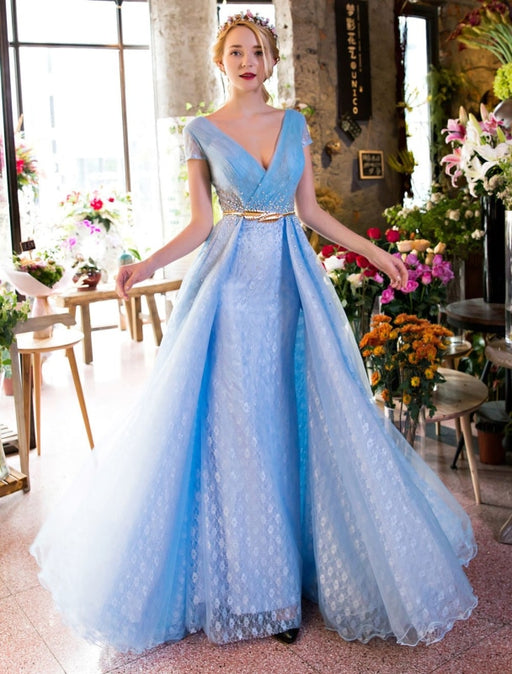 Long Prom Dresses Luxury V Neck Rhinestones Beading Cap Sleeve Pleated Lace Tulle Baby Blue Formal Evening Dresses