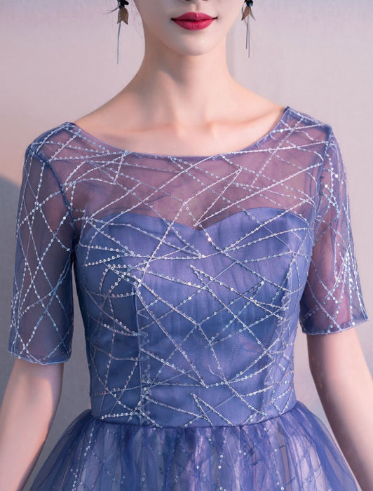 Long Prom Dresses Ombre Tulle Sequin Half Sleeve Formal Evening Dress