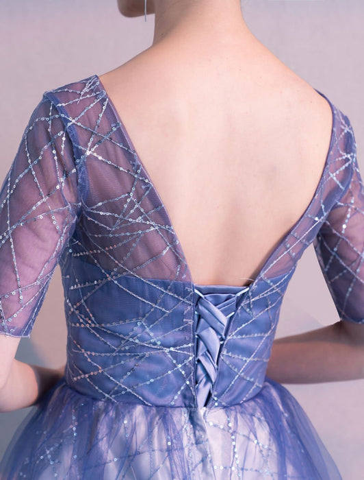 Long Prom Dresses Ombre Tulle Sequin Half Sleeve Formal Evening Dress