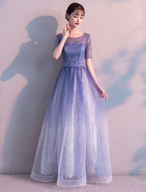 Long Prom Dresses Ombre Tulle Sequin Half Sleeve Formal Evening Dress