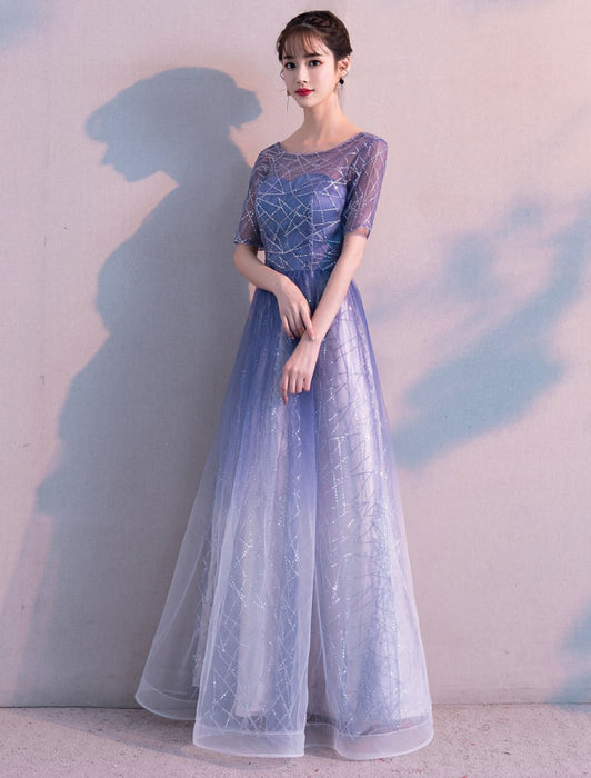 Long Prom Dresses Ombre Tulle Sequin Half Sleeve Formal Evening Dress