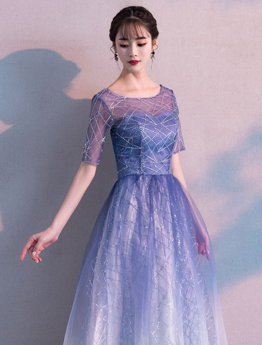 Long Prom Dresses Ombre Tulle Sequin Half Sleeve Formal Evening Dress