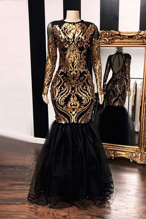 Long Sleeve Sparkly Black Girl Mermaid Prom Dress 2021 Bridelily