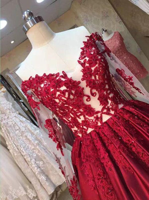 Long Sleeve Stain Prom Cheap Red Ball Gowns - Bridelily Long Sleeve Stain Prom Cheap Red Ball Gowns - Bridelily