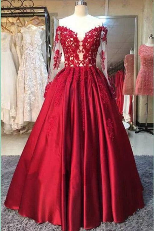 Long Sleeve Stain Prom Cheap Red Ball Gowns Bridelily